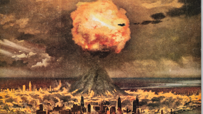Eine Stadtlandschaft mit einer großen Explosion am Himmel.