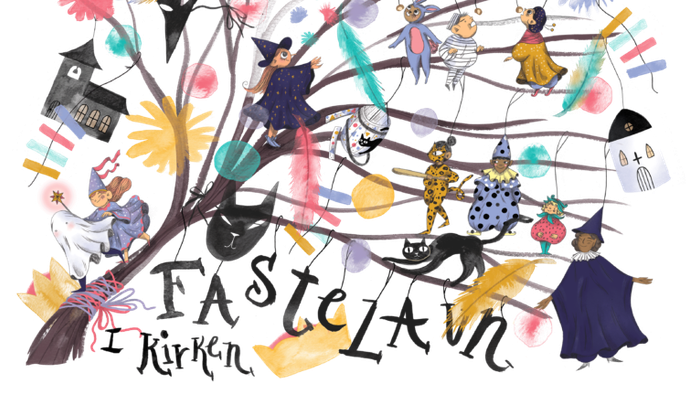 Billedet viser en fantasifuld og farverig træskitse med mange forskellige figurer og objekter.