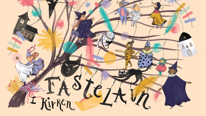 Illustret og farverigt Tasteværn-motiv med figurer og træ.