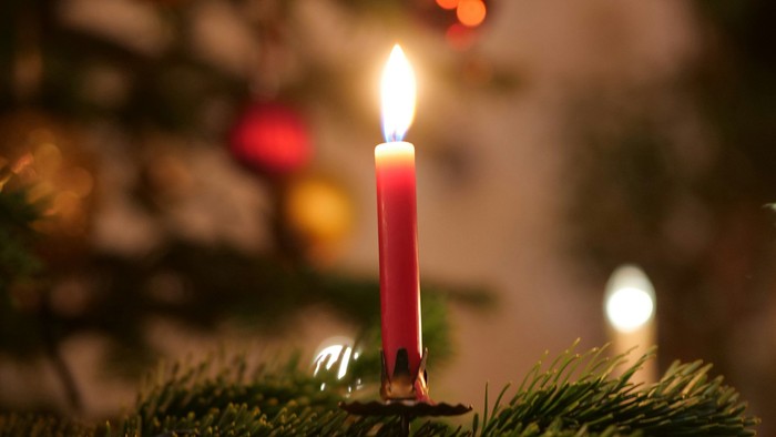 En tændt rød stearinlys står på en bund af grønne blade.