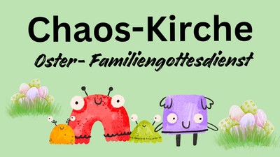 Bunte Oster-Gottesdienst-Zeichentrickveranstaltung für Familien mit verspielten Figuren und verzierten Eiern.