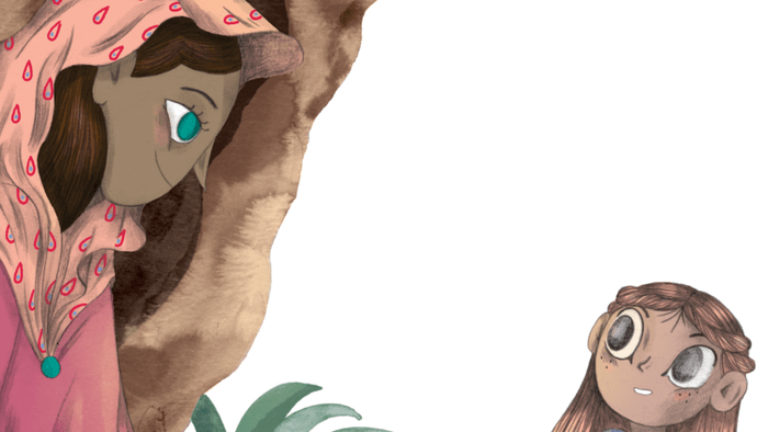 En mystisk kvinde i en grotte hvisker til et nysgerrigt, vidtåbent barn ved siden af hende.