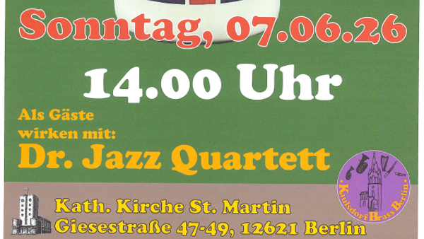 Plakatwerbung f�r ein britisch-thematisches Sommerkonzert von Kaulsdorf Brass mit dem Dr. Jazz Quartett am 7. Juni um 14 Uhr.