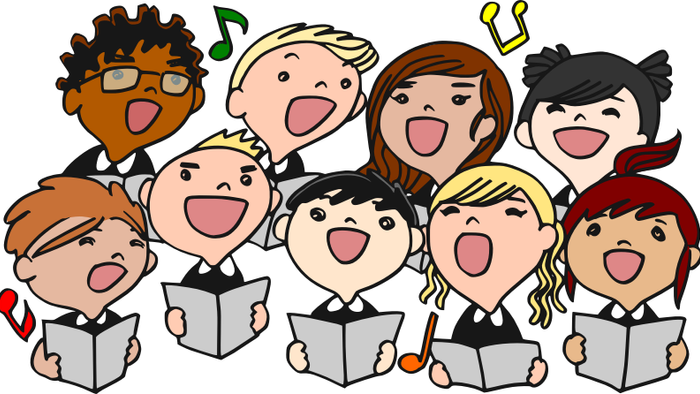 Eine Gruppe von Kindern singt aus Notenbüchern