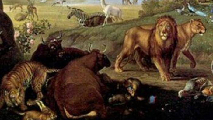 A serene landscape with various animals, including a lion, a horse, and a bear, gathered around a watering hole.