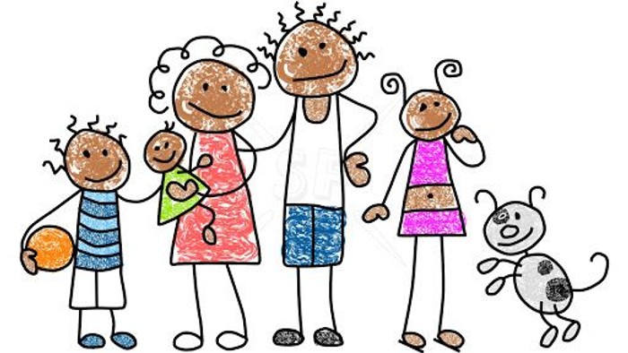 A family of five, including a dog, depicted in a simple, colorful cartoon style.