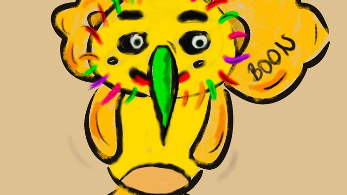 Ein fröhlicher Cartoon-Koala mit bunten Aufklebern und einem verspielten, ausdrucksstarken Gesicht.