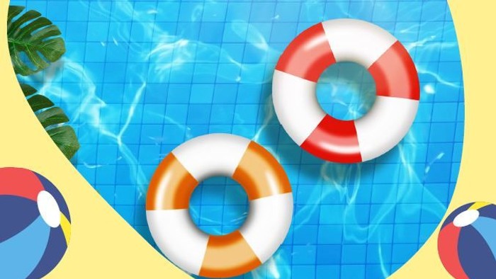 Bunte Schwimmreifen und Bälle im Pool, Einladung zum Taucherinnerungs-Gottesdienst