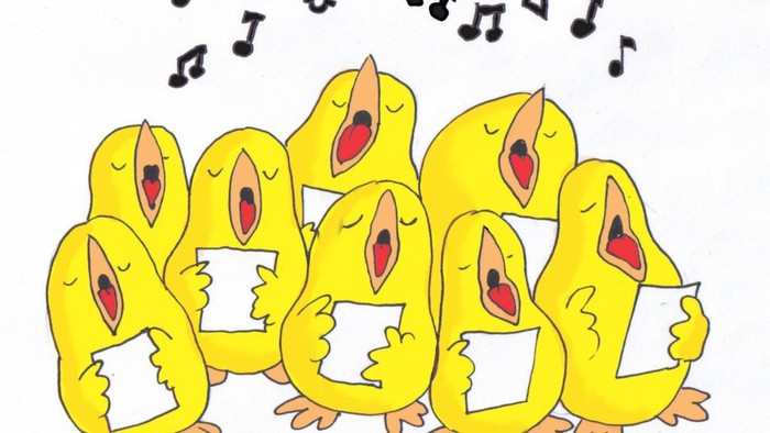 Viele gelbe Küken singen aus fullen Hälsen in Notenblättern.