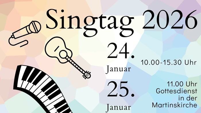 Plakat für die Singtag 2026-Veranstaltung am 24.–25. Januar mit Musikinstrumenten und Details zur Veranstaltung.