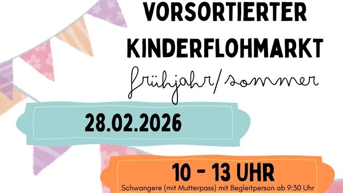 Frühlings-Kinderflohmarkt, 28. Februar 2026, 10–13 Uhr, Eintritt 9,50 EUR.