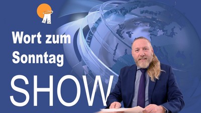 Mann im Anzug, der eine Nachrichtensendung mit Globus und dem Text *„Wort zum Sonntag SHOW“* präsentiert.