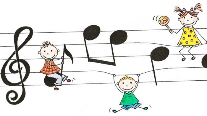 Kinder spielen auf Notenlinien Musikinstrumente