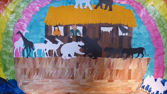 Buntes Collage mit Noahs Arche und Tieren