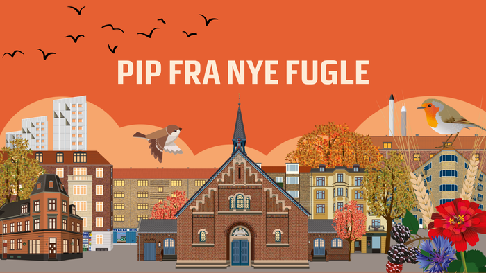 Illustret bygningslandskab med kirke og fugle, 