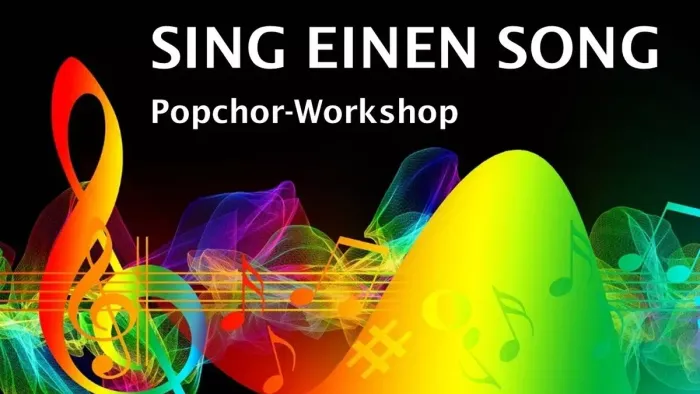 Bunte Grafik zur Bewerbung eines Pop-Chor-Workshops mit musikalischen Noten und lebendigem, abstrakten Design.