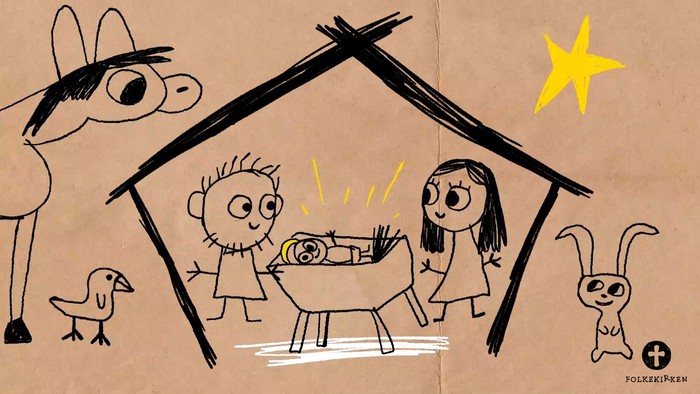 En skitser med Jesusbarnet, Maria, Josef og dyr i en stald