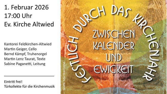 Veranstaltungsplakat für ein Kirchenkonzert im Februar 2026 mit dem Titel *„Festlich durch das Kirchenjahr: Zwischen Kalender und Ewigkeit“* in Altwied.