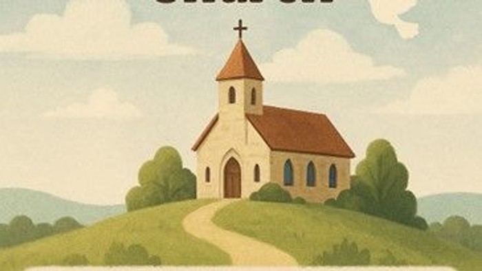 A serene illustration of a church with a cross, surrounded by nature, with the text