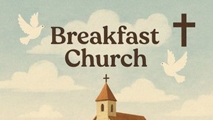 A serene illustration of a church with a cross, surrounded by nature, with the text