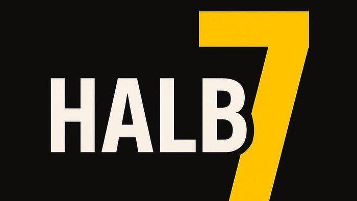 Das Bild zeigt das Logo von HALB7 in Weiß und Gelb auf schwarzem Hintergrund.