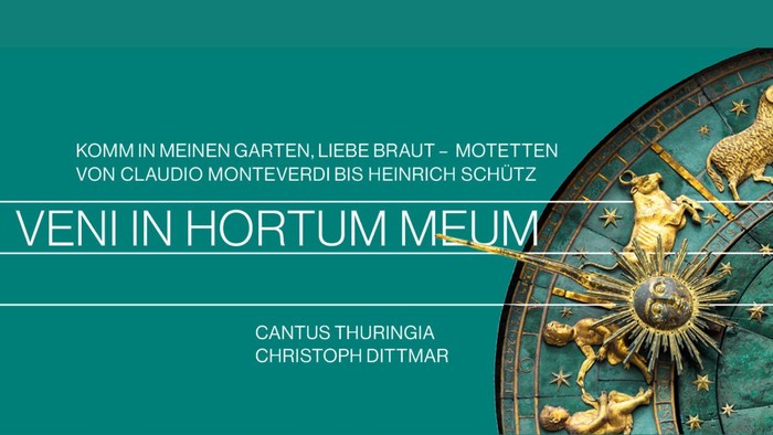 Ausschnitt aus einer Sonnenuhr mit goldenen Figuren, daneben Konzertdetails mit Titel 'veni in hortum meum'