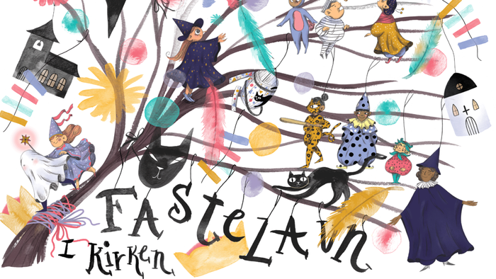 Illustret og fantasiful Halloween-tre med figurer og dekorationer.