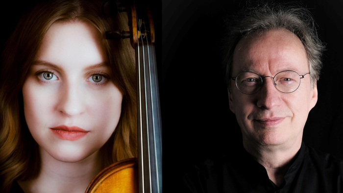 Eine Frau, die neben einem Mann Cello spielt, in einem Close-up-Porträt.