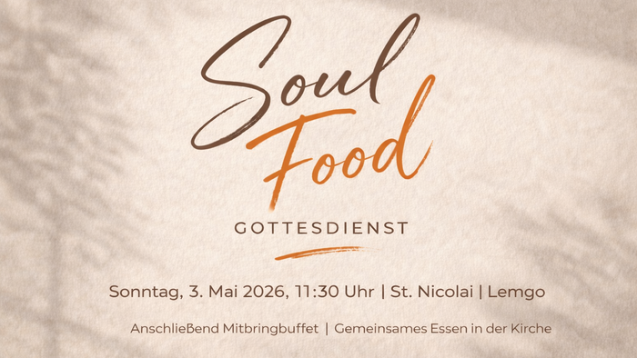 Einladung zu einem Soul-Food-Gottesdienst mit Buffet am 3. Mai 2026 in Lemgo.