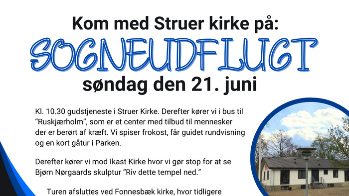 Kirkearrangement – foldere med invitation til guidet rundvisning og morgenmad den 21. juni, inklusive aktiviteter og prisoplysninger.