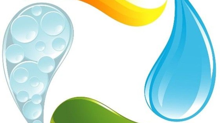 Abstrakt logo, der kombinerer vanddråber, et blad og en regnbue i et cirkulært flow-design.