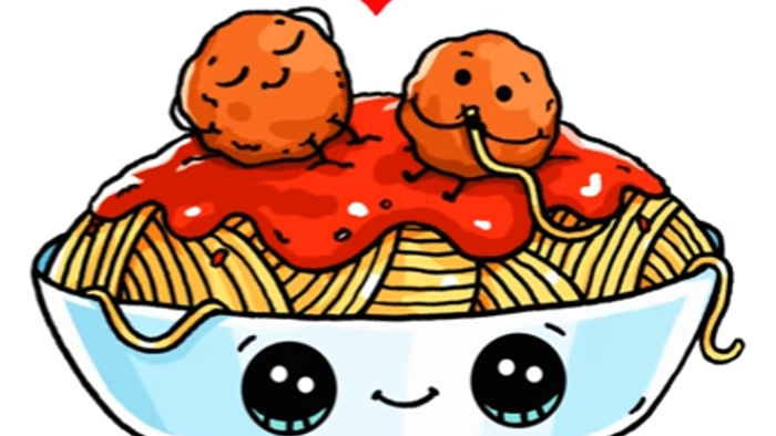 En kærlig tegning af en spaghetti- og kødfrikadeller-skål med ansigtstræk og øjne.