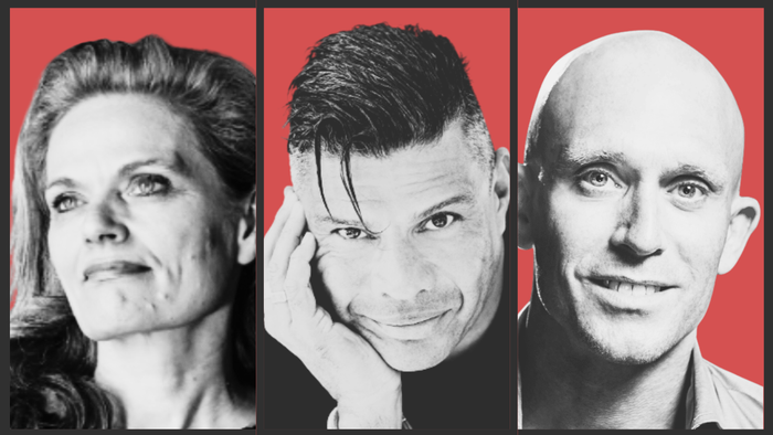 Tre sort-hvide portrætter af personer mod en rød baggrund, hver med tydelige ansigtsudtryk.