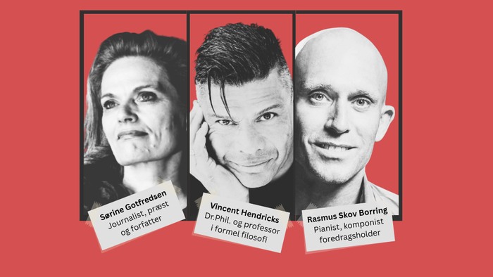 Tre professionelle portrætter med navne og titler i et layout med rød kant.