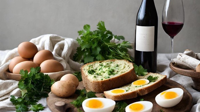 Elegante Tafel mit hartgekochten Eiern, geröstetem Brot mit Grünzeug, Wein und frischen Kräutern in einer rustikalen Tischdekoration.