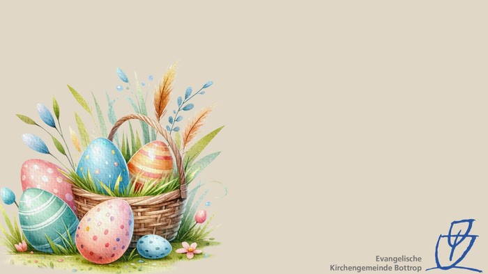 Bunte Ostereier in einem Korb, umgeben von Frühlingsblumen und Weizen.