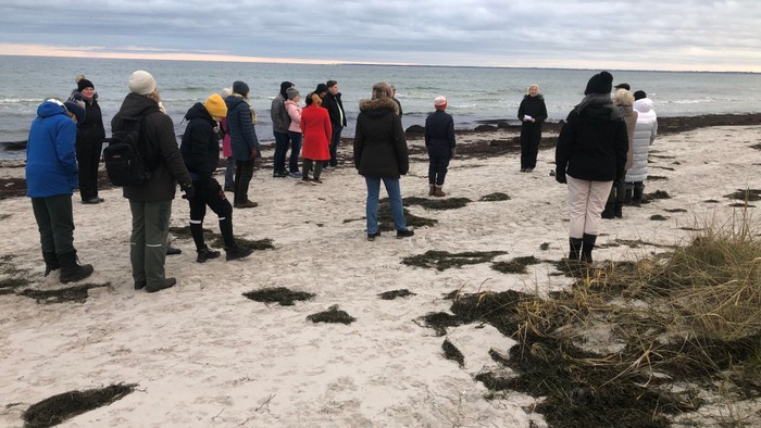 En gruppe af mennesker står på en strand og ser ud over havet