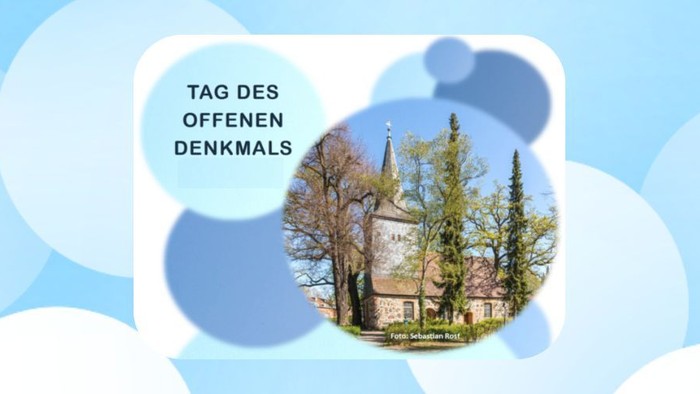 Dorfkirche Alt-Wittenau mit Text 'Tag des Offenen Denkmals', mit blauen Kreisen grafisch gestaltet
