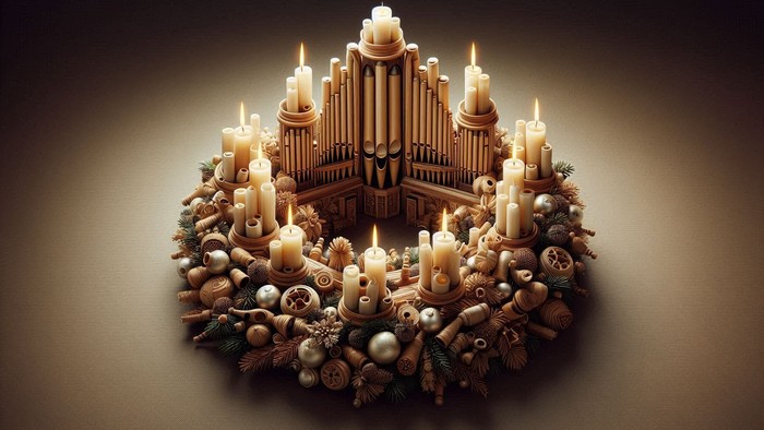 Ein Adventskranz mit Kerzen und Weihnachtsdekorationen, in dessen Mitte ein kleines Orgelspiel steht
