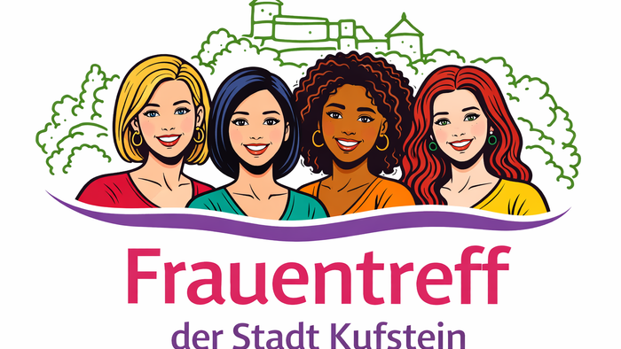 Logo für FrauenTreff, eine Frauentreff-Gruppe in Kufstein, mit verschiedenen lächelnden Frauen und der Silhouette einer Burg.