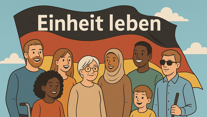 Eine Gruppe von Menschen steht vor einer Deutschlandfahne mit dem Text 