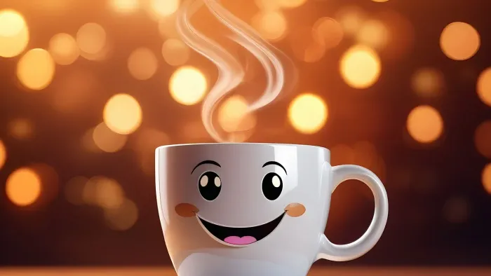 En lykkelig tekanne med åben mund og ånding.