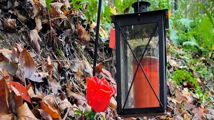 Ein schwarzer Laternenpfahl mit roter Kerze steht in einem Wald mit gefallenen Blättern.