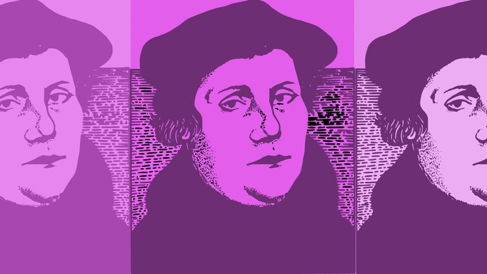 Drei ähnliche Porträts eines Mannes mit Hut in Violettönen