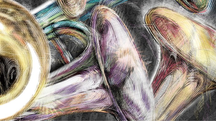 Abstrakte Zeichnung mehrerer Blechblasinstrumente in leuchtenden Farben