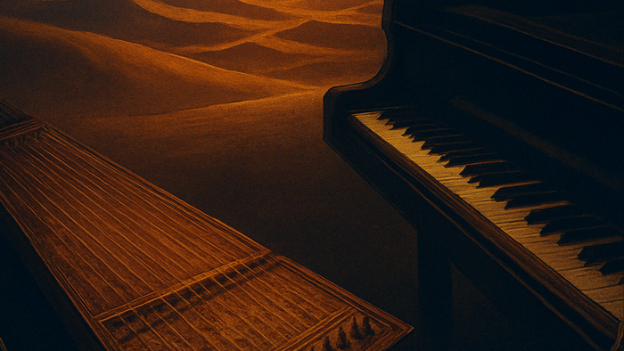 Un piano noir dans un désert au coucher du soleil