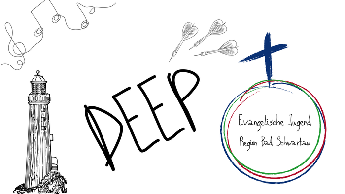 Das Bild zeigt das Logo der Evangelischen Jugend Region Bad Schwalbach mit einem Leuchtturm, Musiknoten und einem Kreuz.