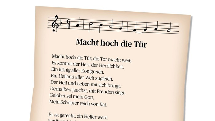 Das Bild zeigt ein Gedicht mit dem Titel 'Macht hoch die Tür', begleitet von Noten und einem offenen Buch.