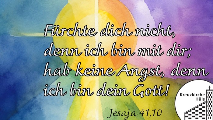 „Farbenfrohes motivierendes Zitat auf Deutsch aus Jesaja 41,10 mit einem Kirchenlogo.“