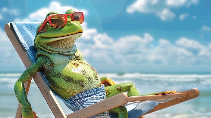 Ein Frosch im Liegestuhl am Strand.